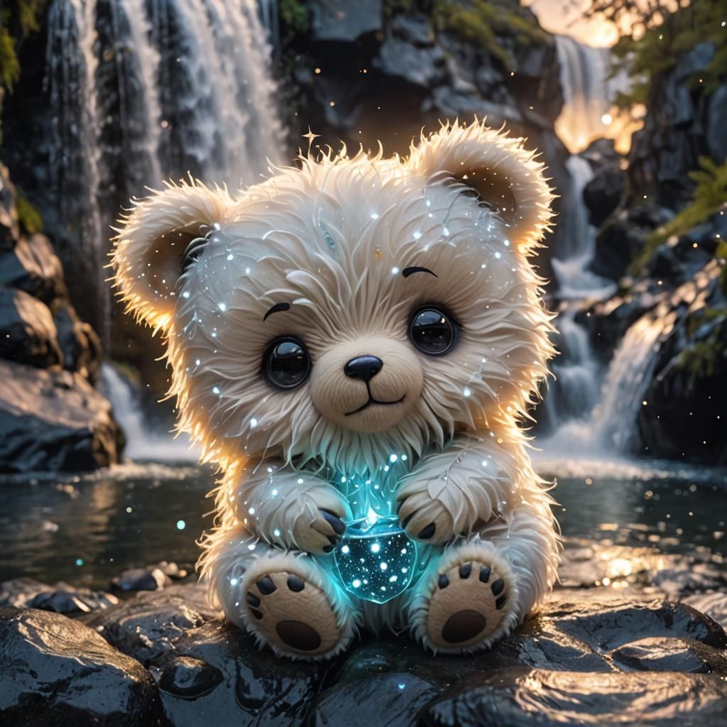 Chibi Bear Constellation over Bioluminescent Waterfall
