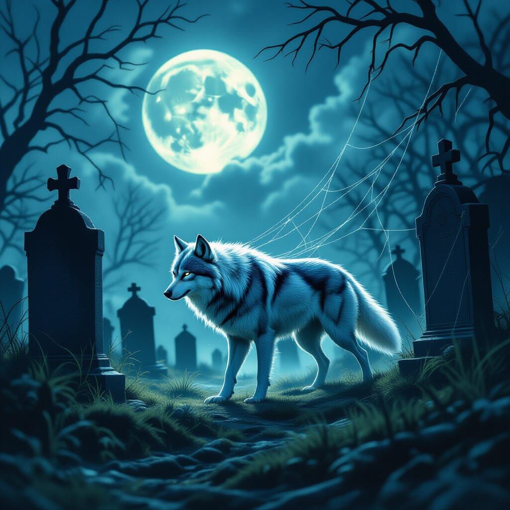 Spectral Wolf in Moonlit Graveyard