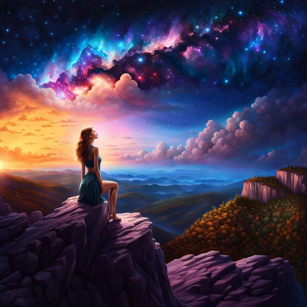 Girl Stargazer at Fiber Optic Cliff in 8K