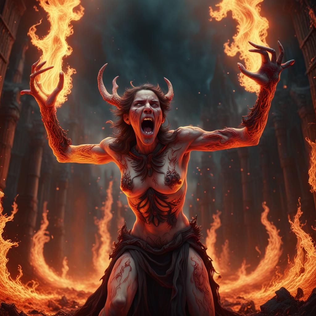 Sinners Screaming in Agony in Hellfire: Detailed Matte Paint...