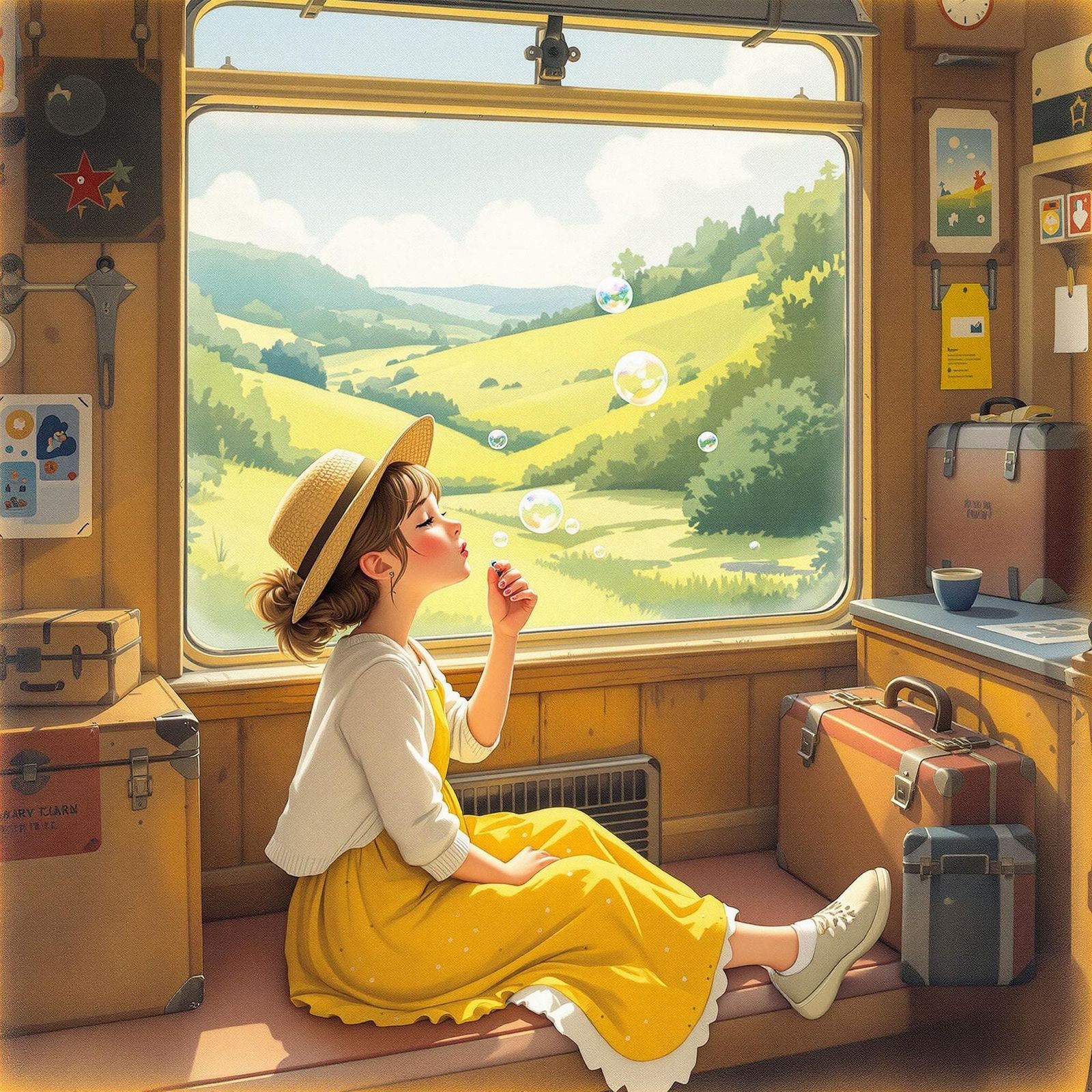 Girl Blowing Bubbles on a Train, Whimsical Illustration