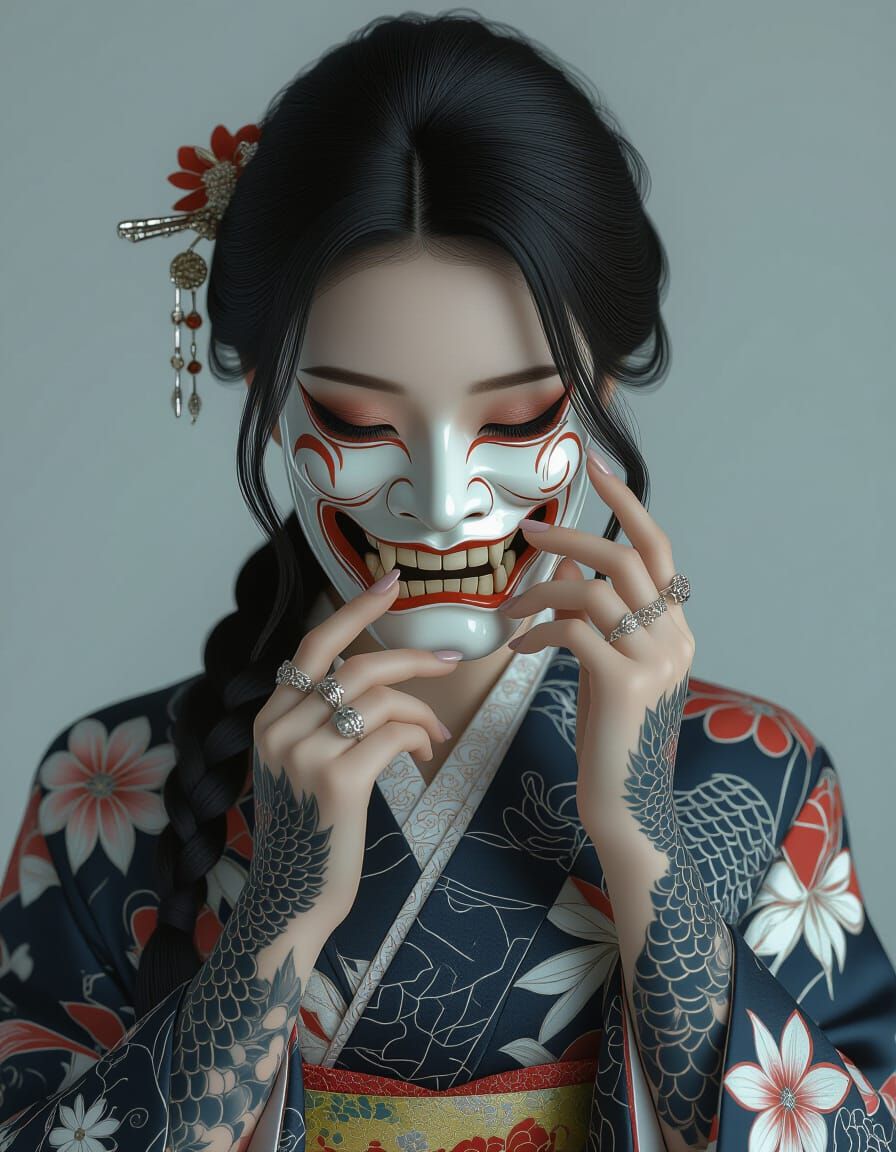 Woman with Hannya Mask in Cinematic Lighting