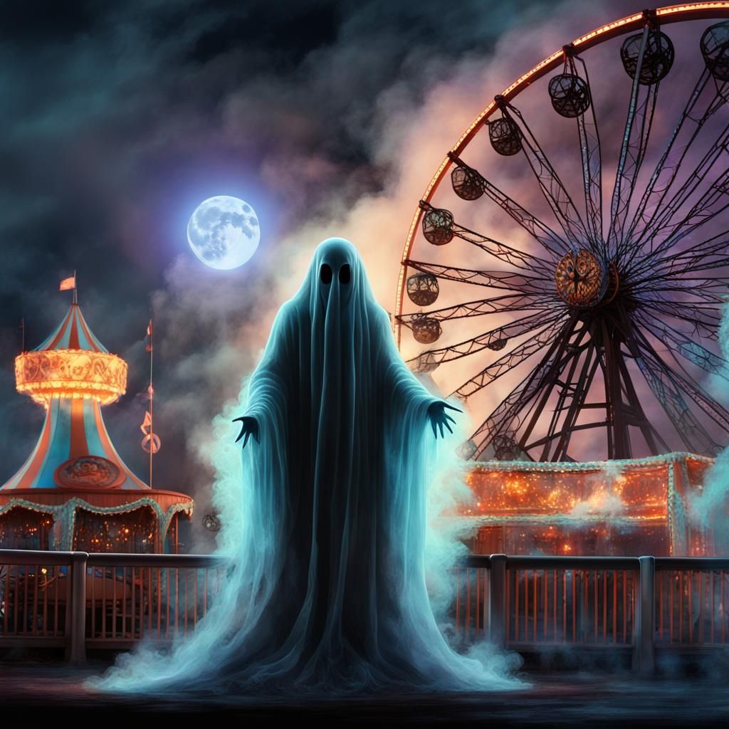 Ethereal Ghost at Carnival Under Bioluminescent Moon