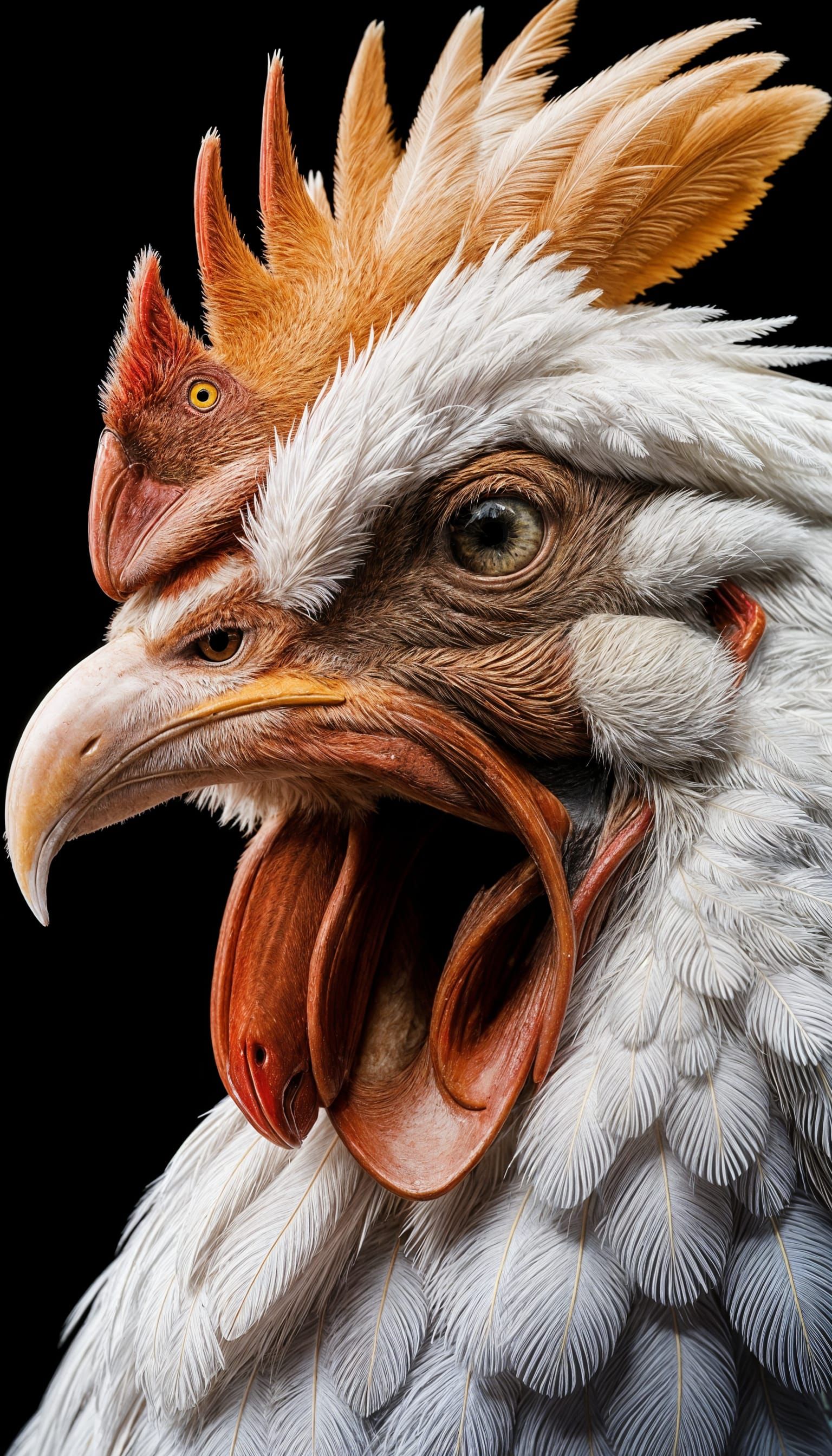 Hyperrealistic Rooster Head with Intricate White Feathers