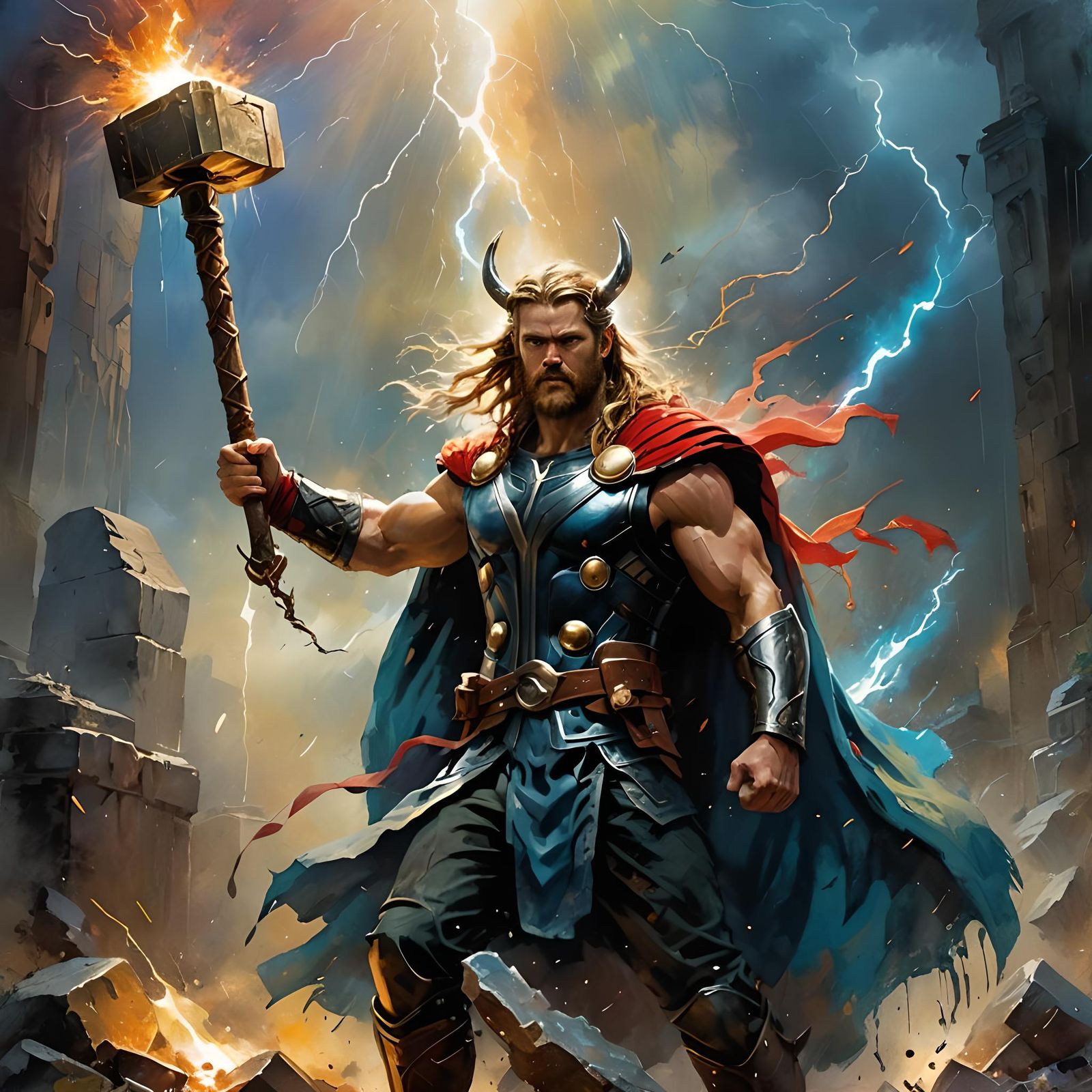 Mythical Thor with Hammer in Watercolor Style