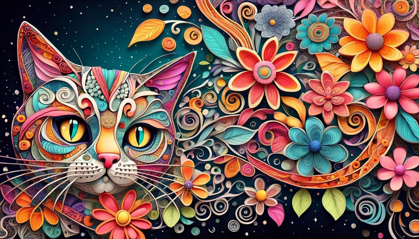 Whimsical Zentangle Cat in a Floral Universe