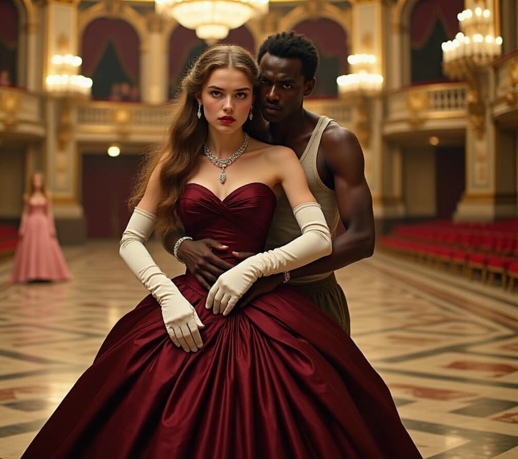 Dramatic Countess and Refugee Scene in Opulent Hall