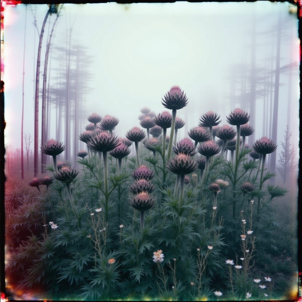 Ancient Artichoke in Misty Garden with Bioluminescent Fungi