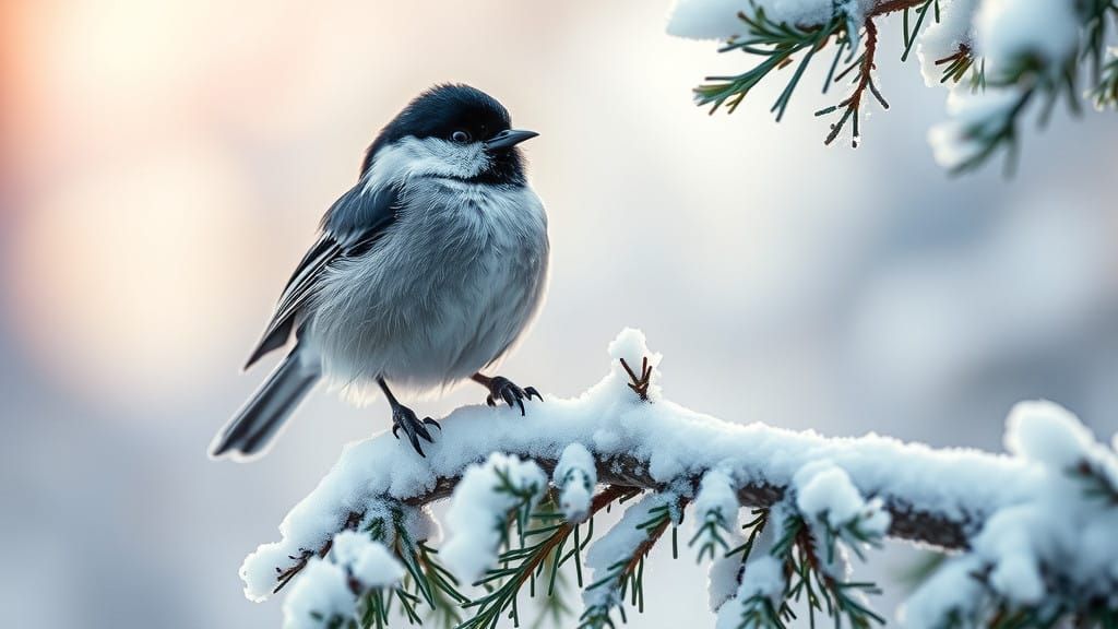 Chickadee Perched on Snow-Encrusted Spruce Branch in Winter....