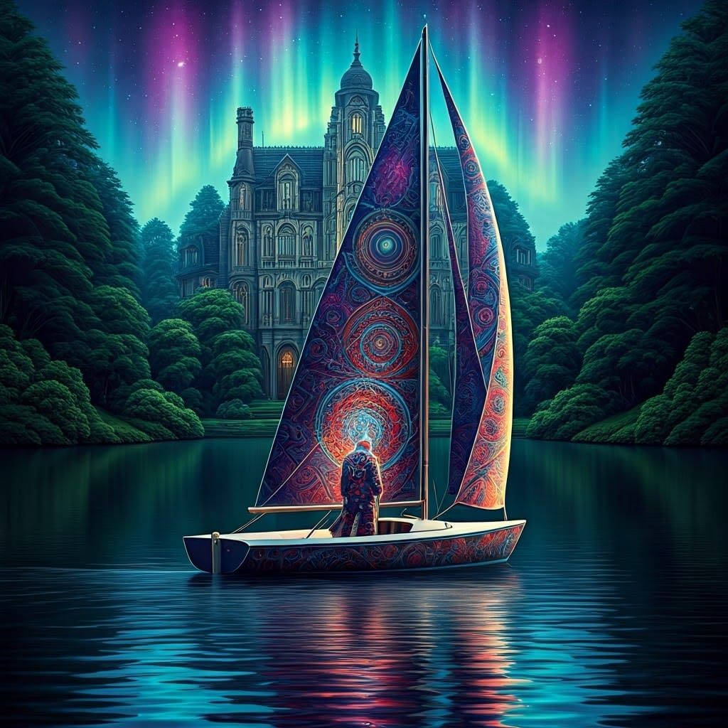 Sailboat on Serene Lake in Psychedelic Art Deco Style