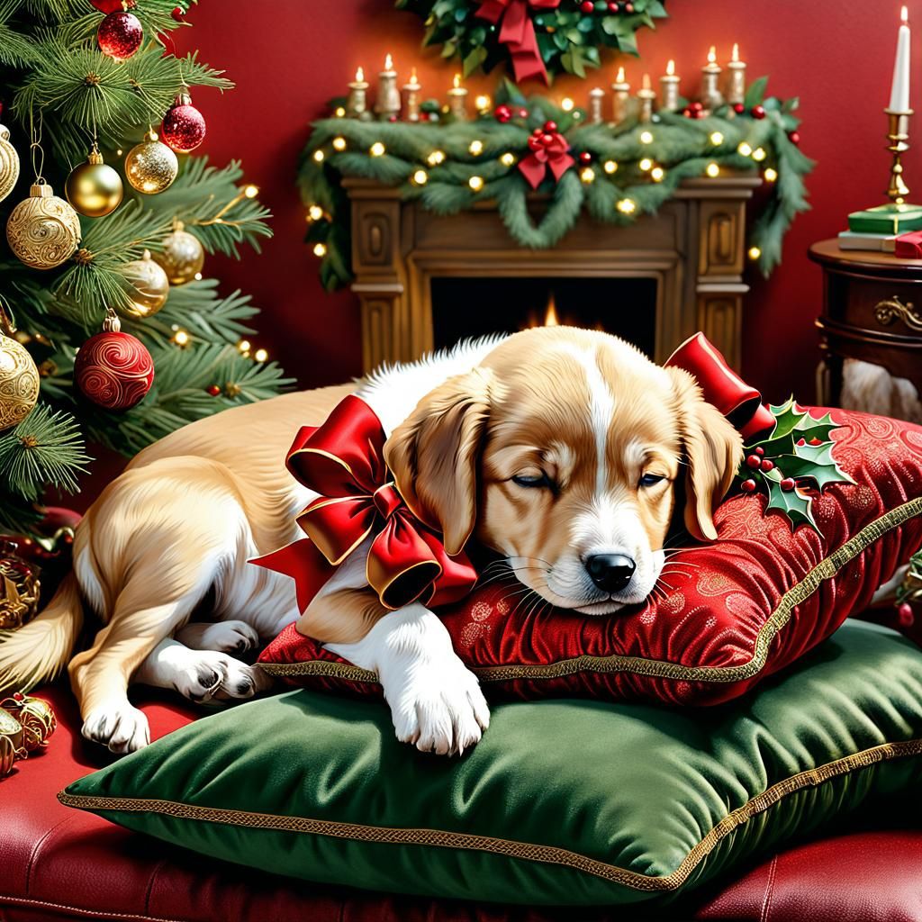 Festive Puppy Dream Under Christmas Tree: 3D Render