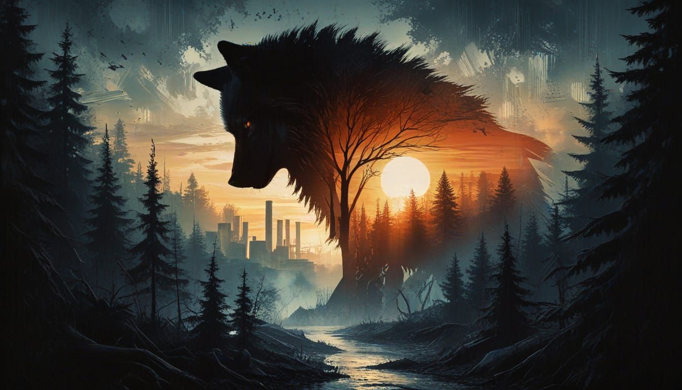 Wolf Silhouette Filled With Sunset Over Industrial Landscape