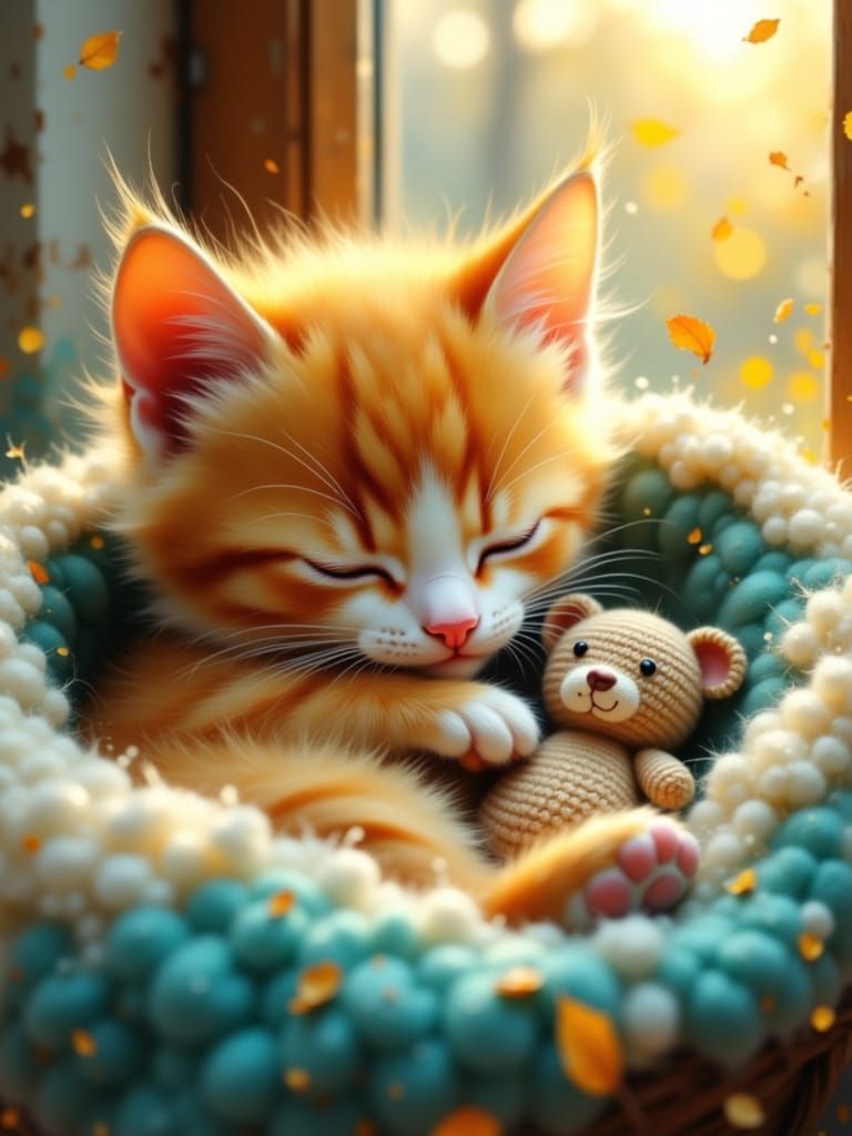 Adorable Kitten Cuddles Teddy Bear in Warm Sunlight