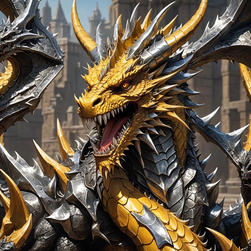 Fearsome Yellow Dragon with Silver Spikes: Photorealistic Cl...