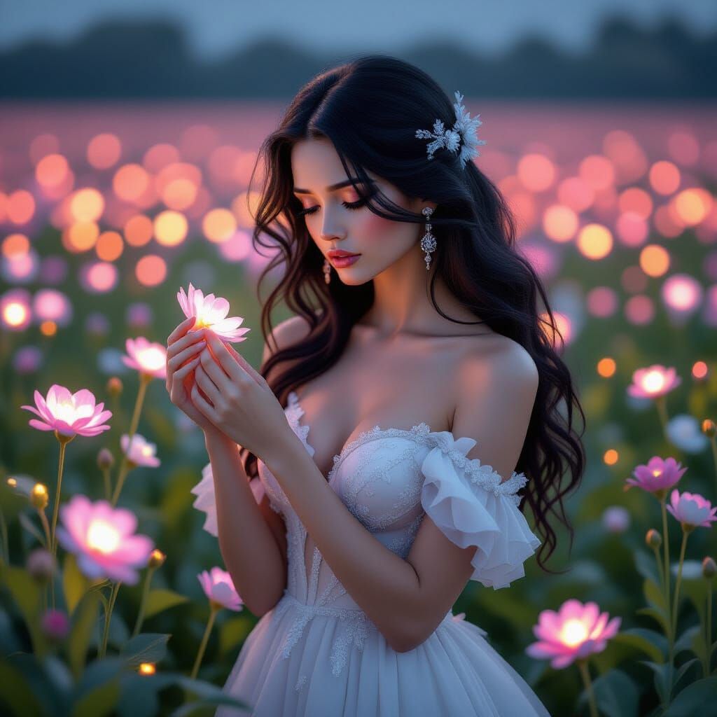Melancholic Supermodel in Bioluminescent Flower Field