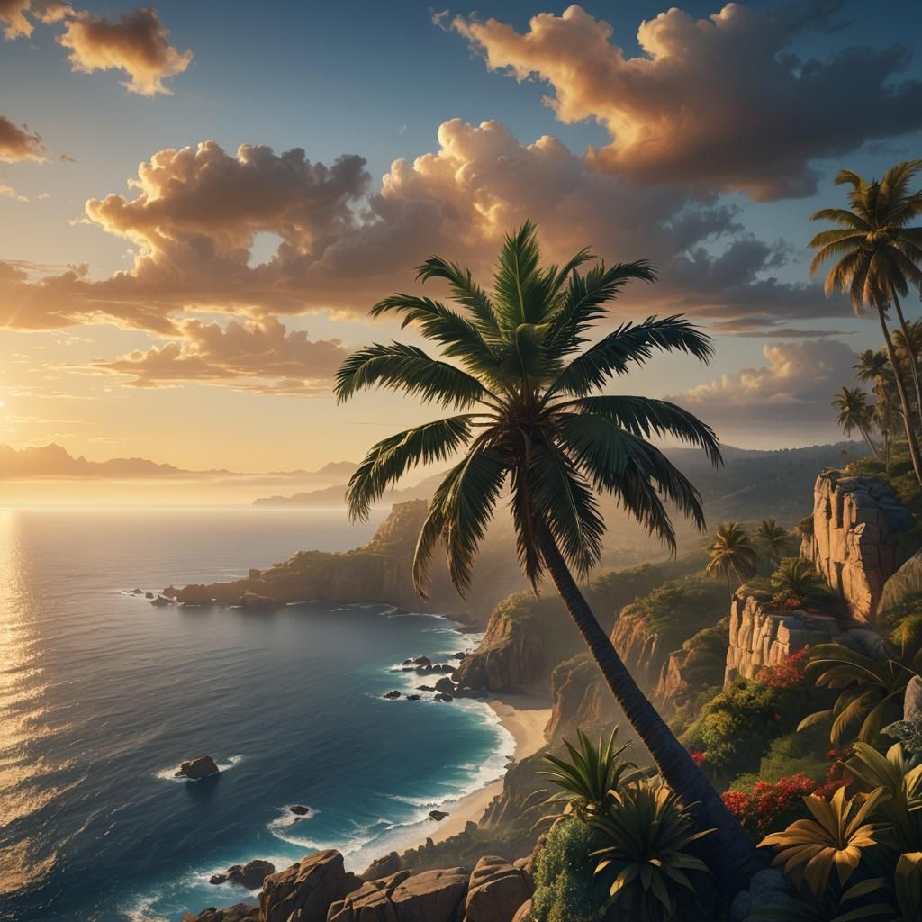 Majestic Palm Tree Overlooking Serene Ocean Sunset