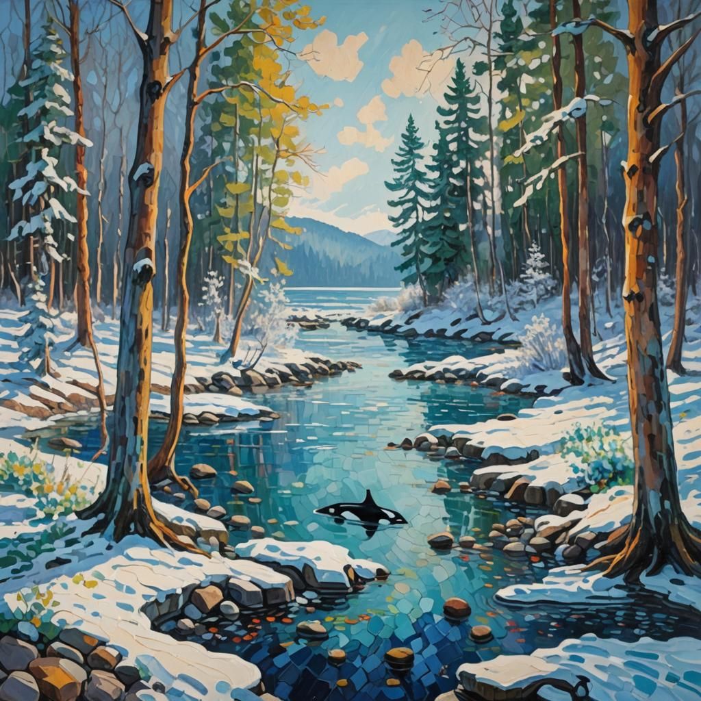 Alaskan Beach Orca in Neo-Impressionist Style