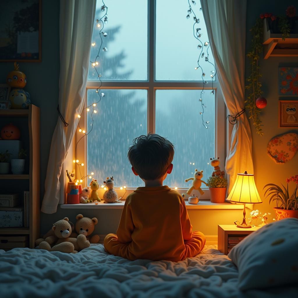 Rainy Day Dreamscape: Boy at Window in Dreamy Art Style