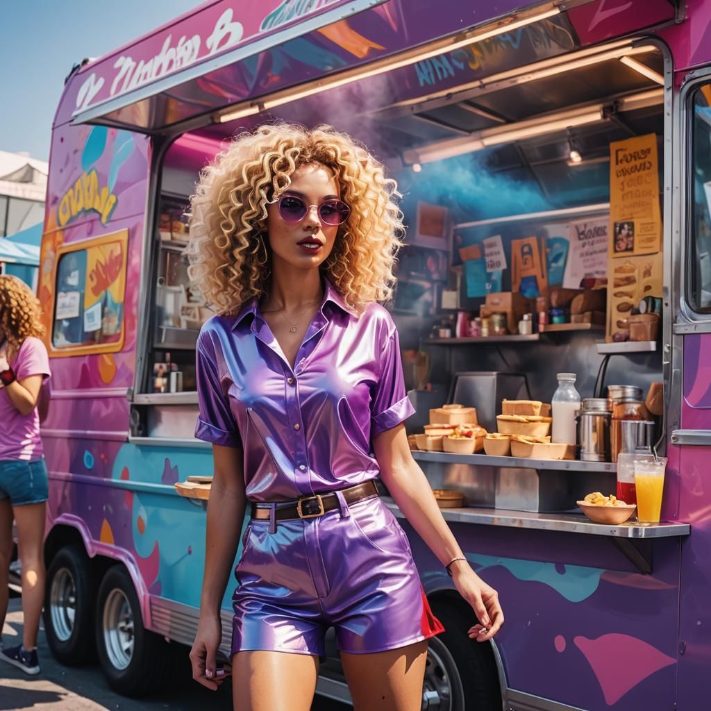 Pop Art Woman at Food Truck Fair in Latex Outfit