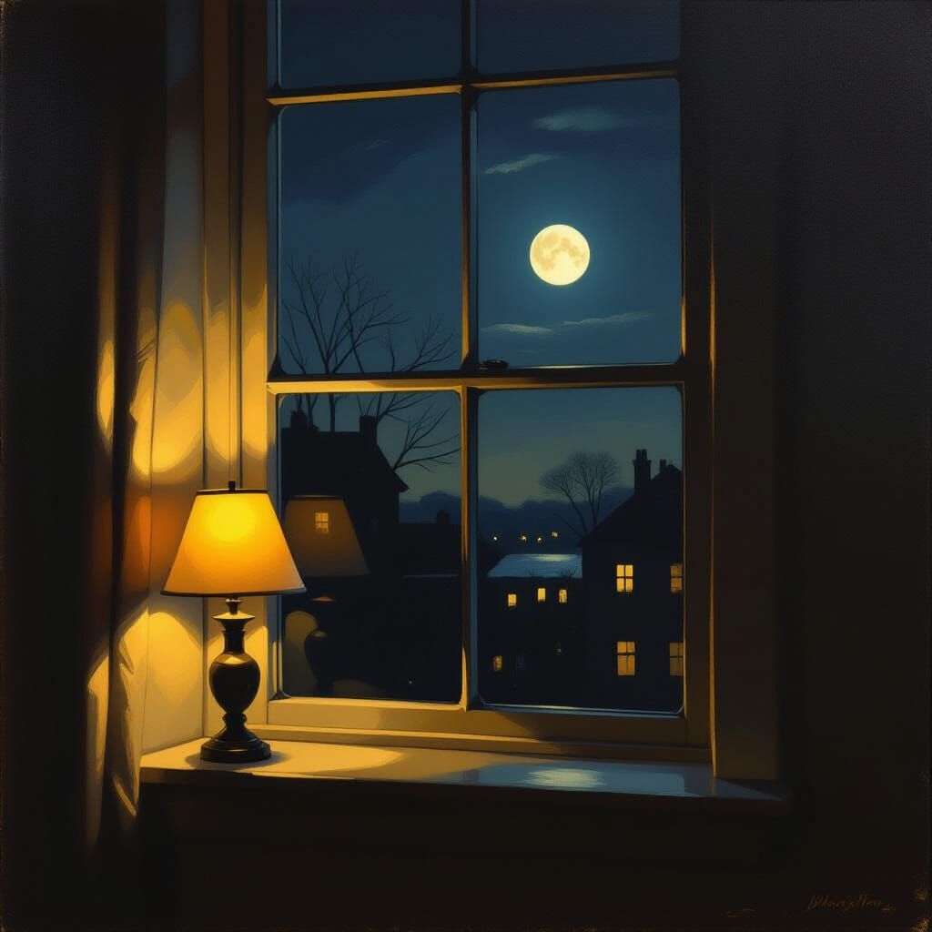 Cozy Interior Scene with Window Moon: Impressionistic Oil Pa...