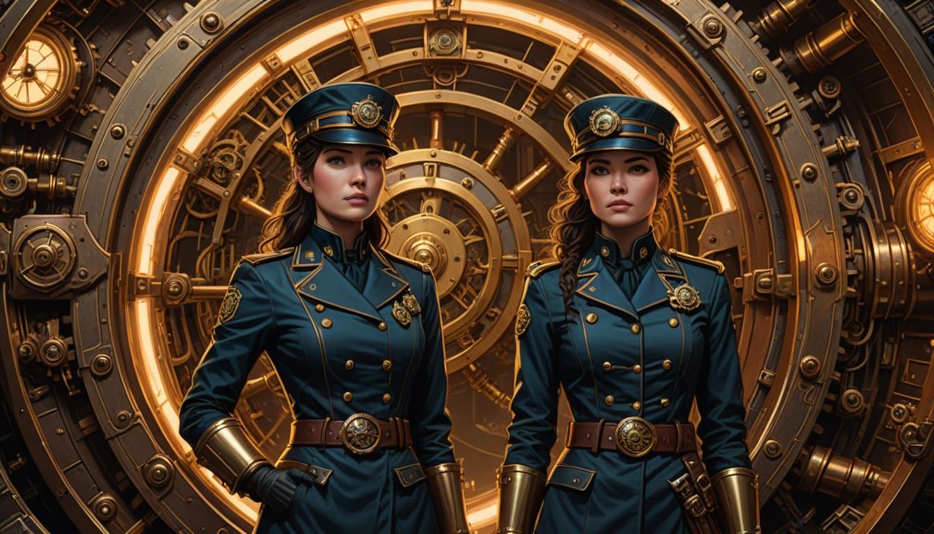 Steampunk Women in Time Machine, Comic Book Style