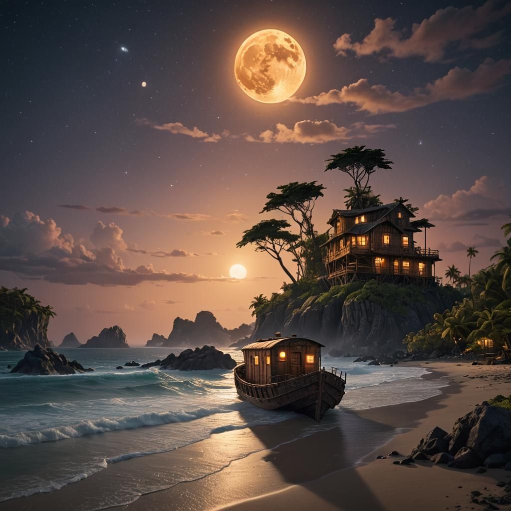 Boxcar on Pacific Island Under Amber Moon