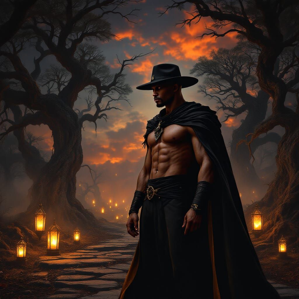 Mystical African Warrior at Crossroads in Matte Painting Sty...