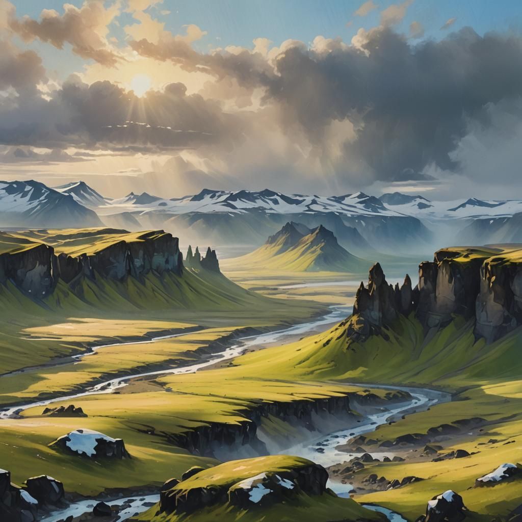 Lush Green Valley Surrounded by Snow-Capped Mountains