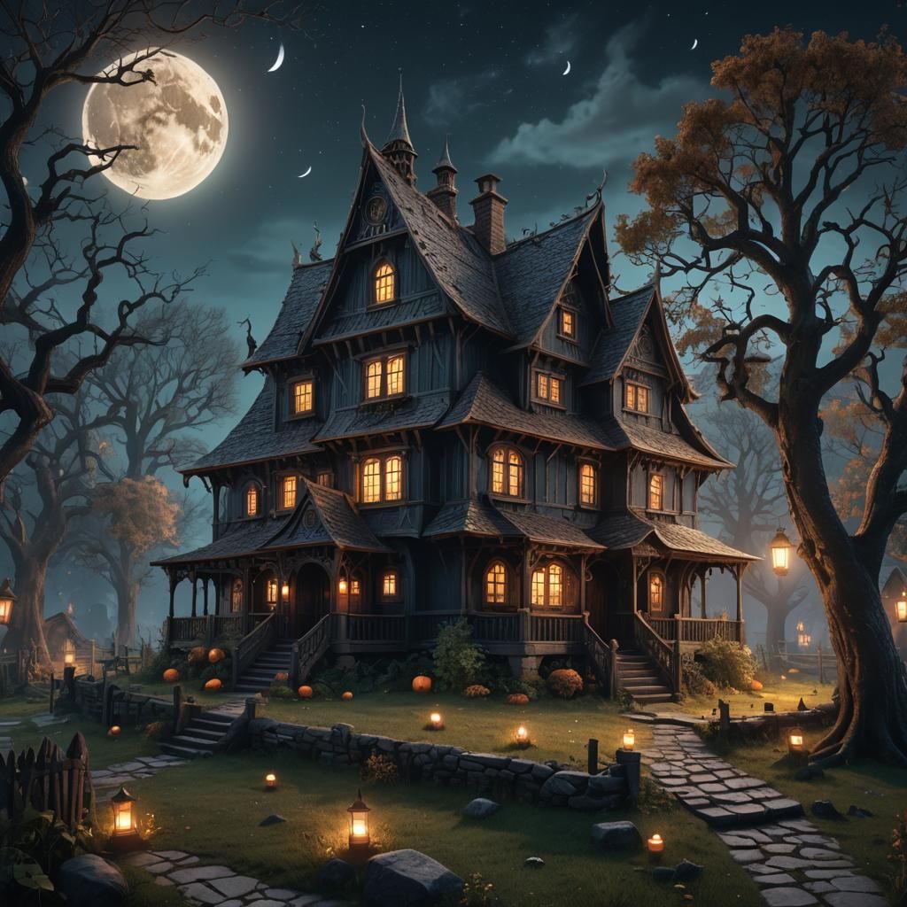 Moonlit Witch House: Detailed Fantasy Matte Painting
