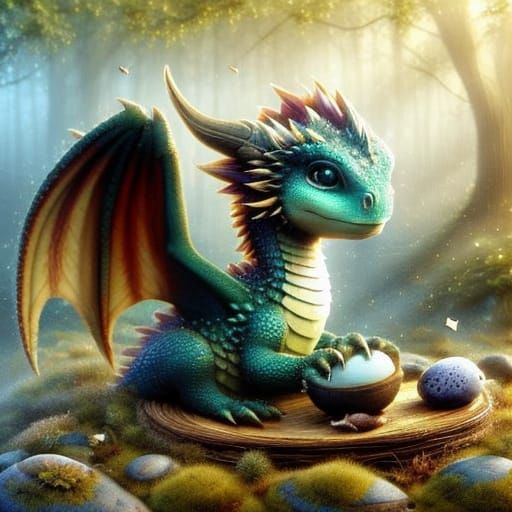 Baby Dragon Hatching in Morning Sunlight