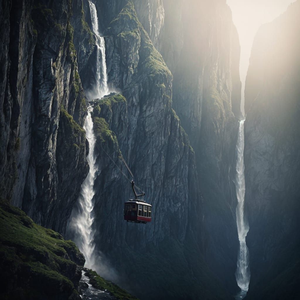 Vintage Cable Car Climbs Swiss Alps Cliff Beside Waterfall