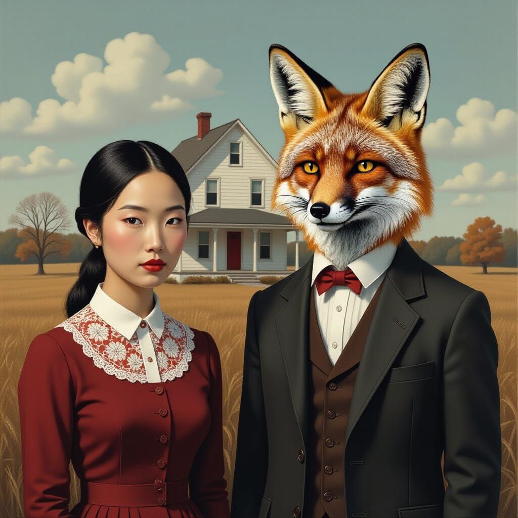 American Gothic Style: Fox and Woman in Rustic Farmhouse