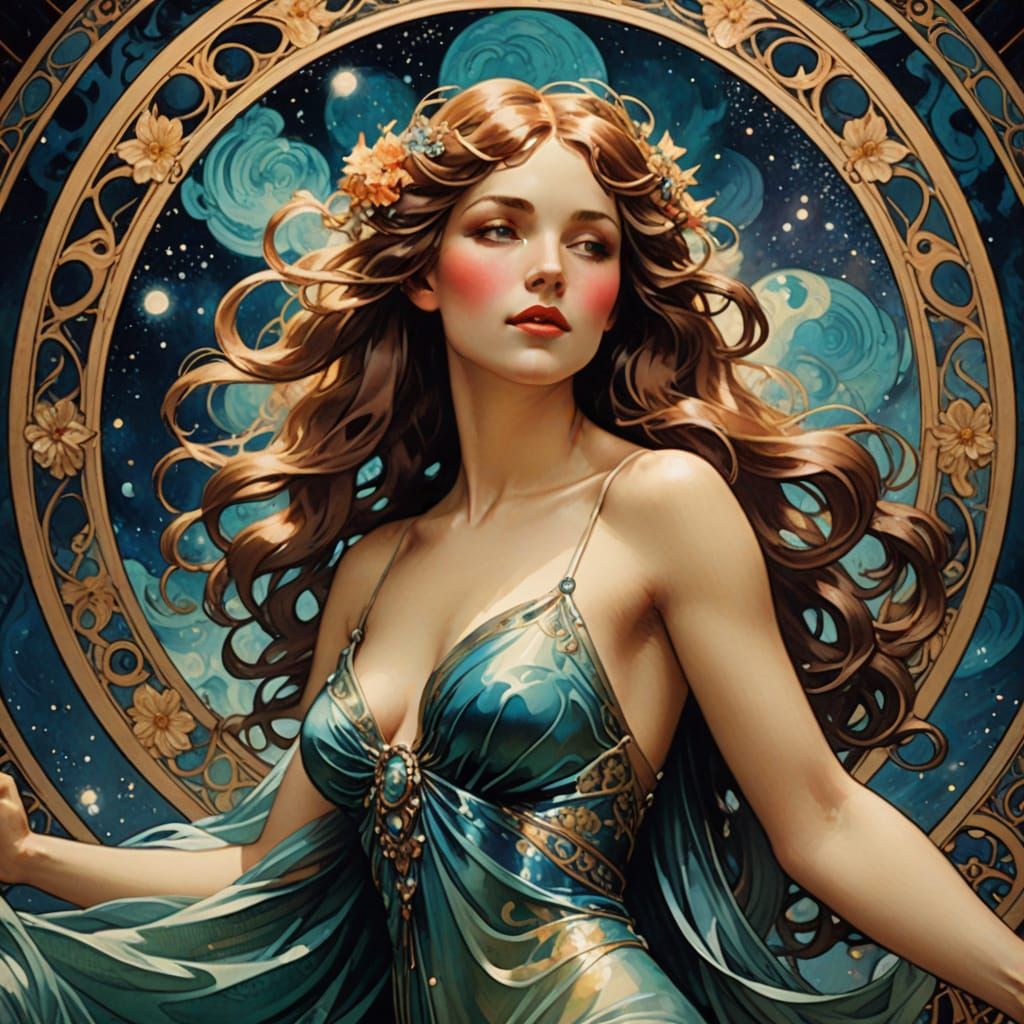 Hyperrealistic Goddess of Cosmic Joy in Vibrant Nebula