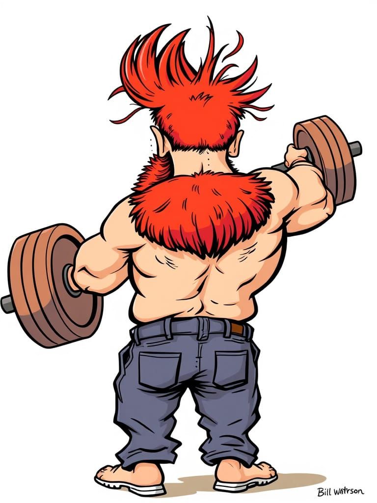 Hilarious Cartoon of a Weightlifting Redhead with a Wild Bea...