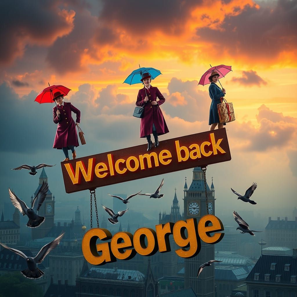 Three Mary Poppins Figurines Fly Above London in Vibrant Umb...