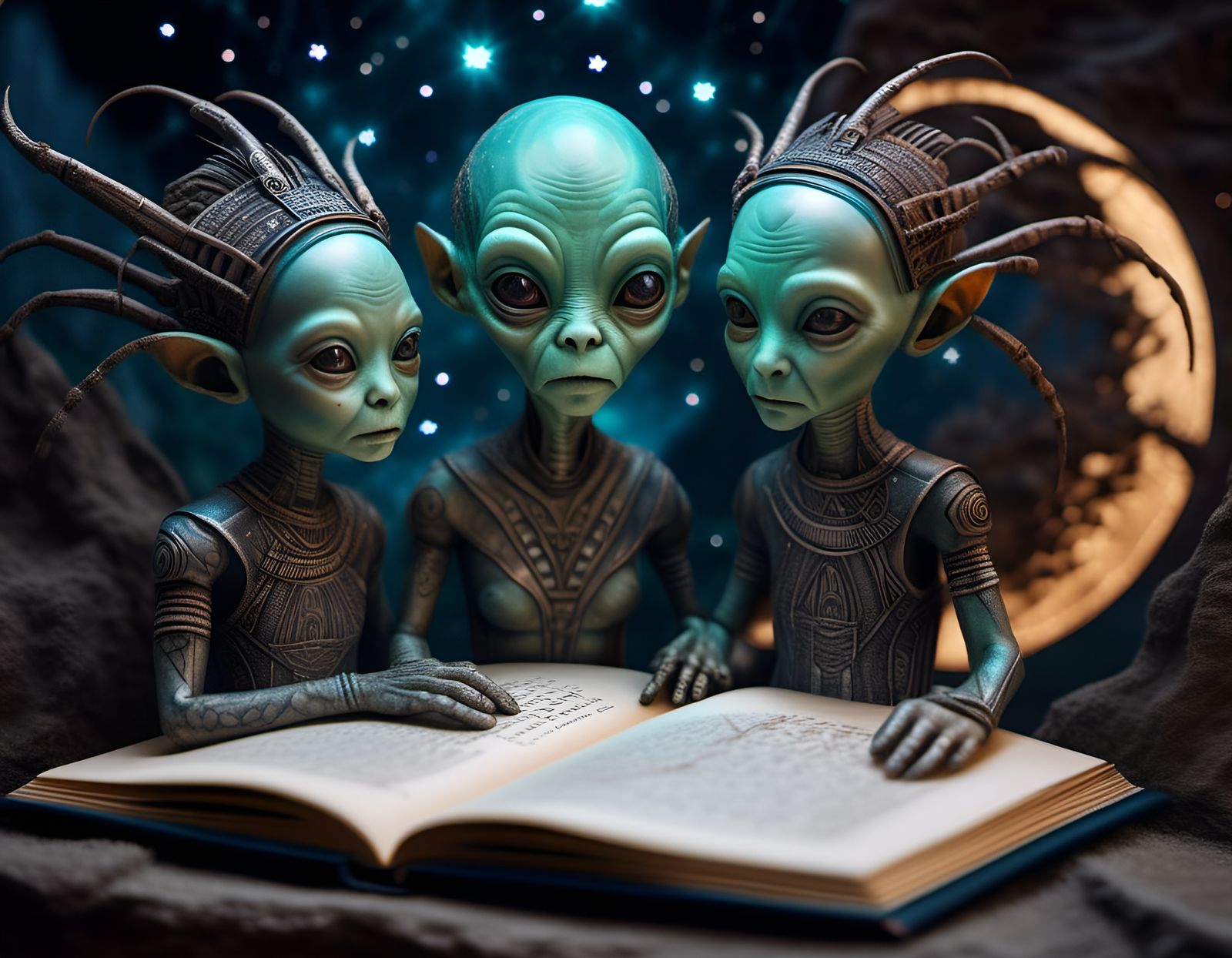 An alien family reading from their book of life.