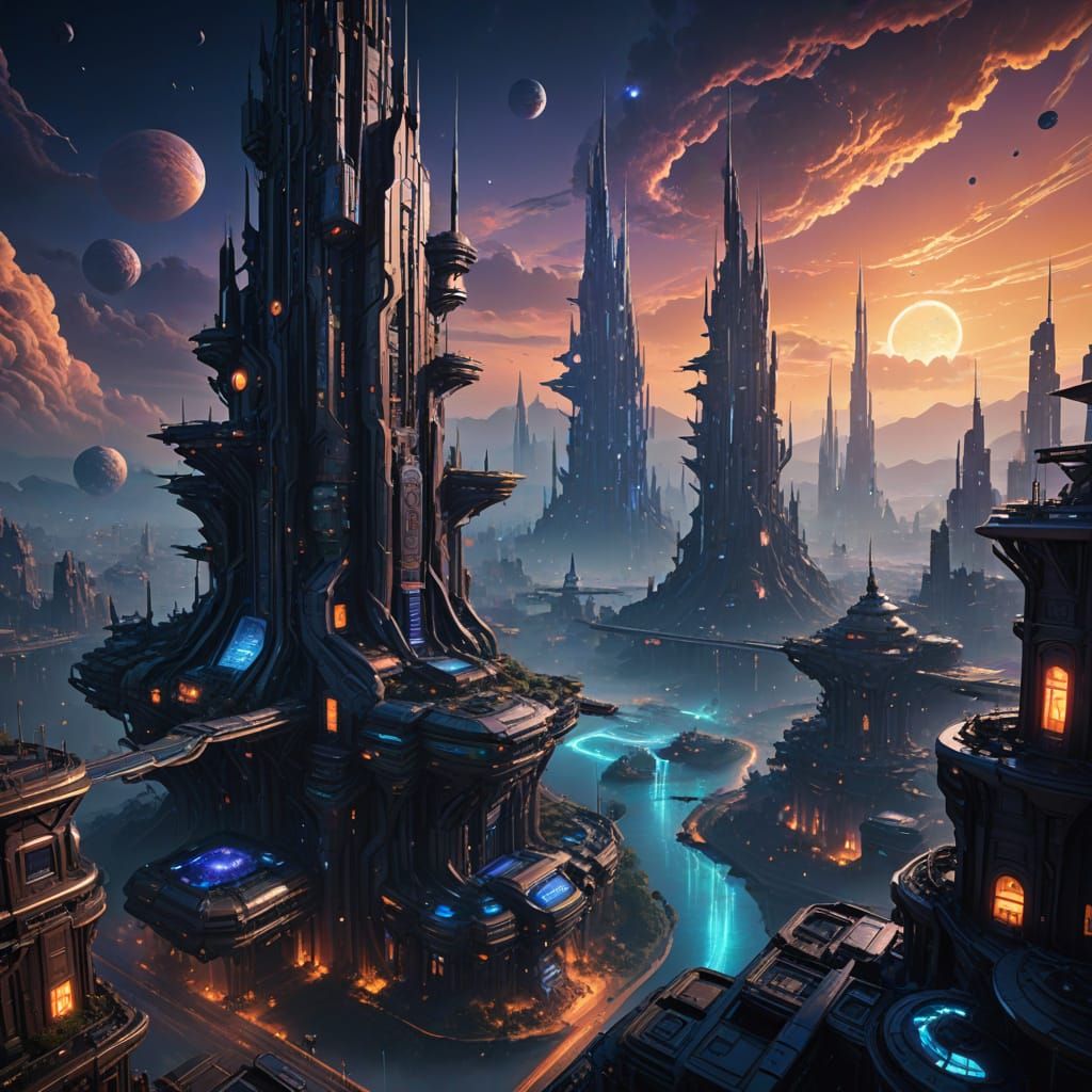 Cyberpunk Planet of Interconnected Technology and Nature