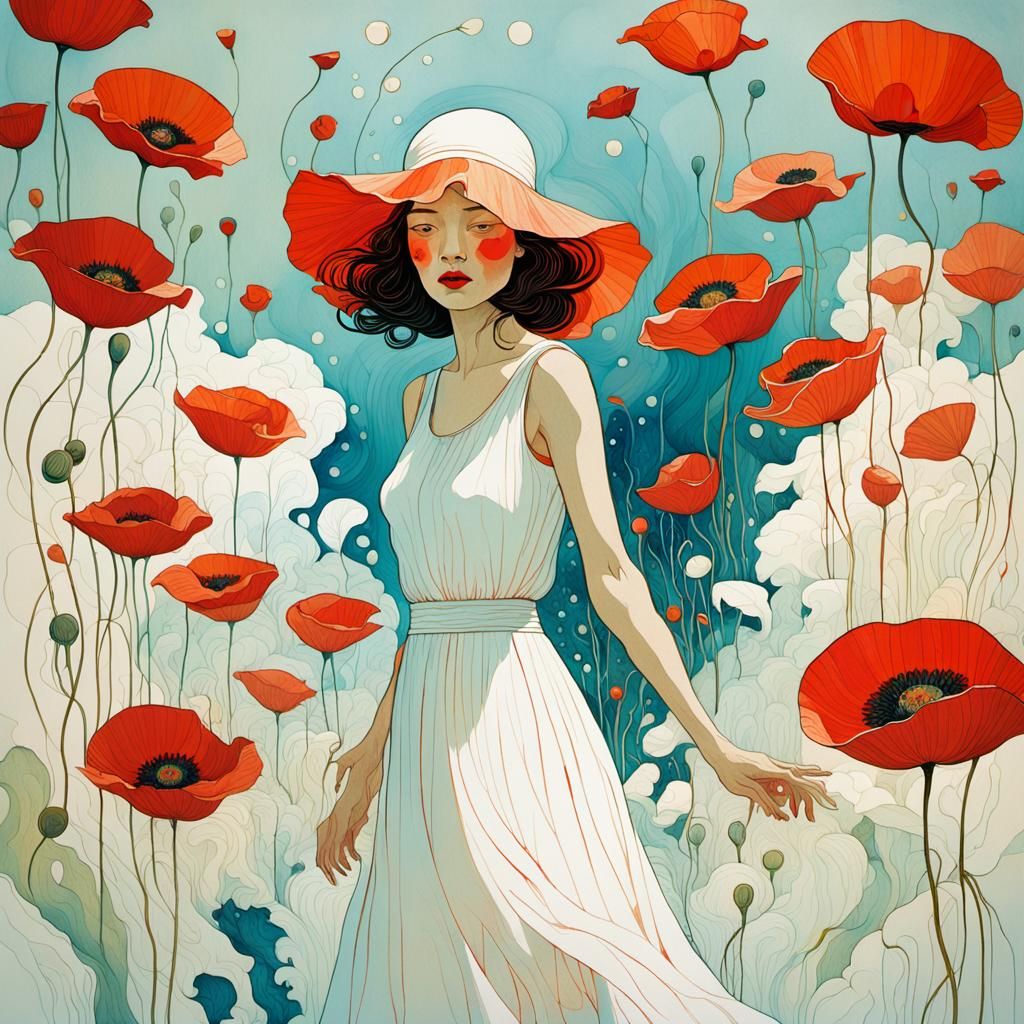 Woman Among Giant Poppies in Surreal Watercolor Style