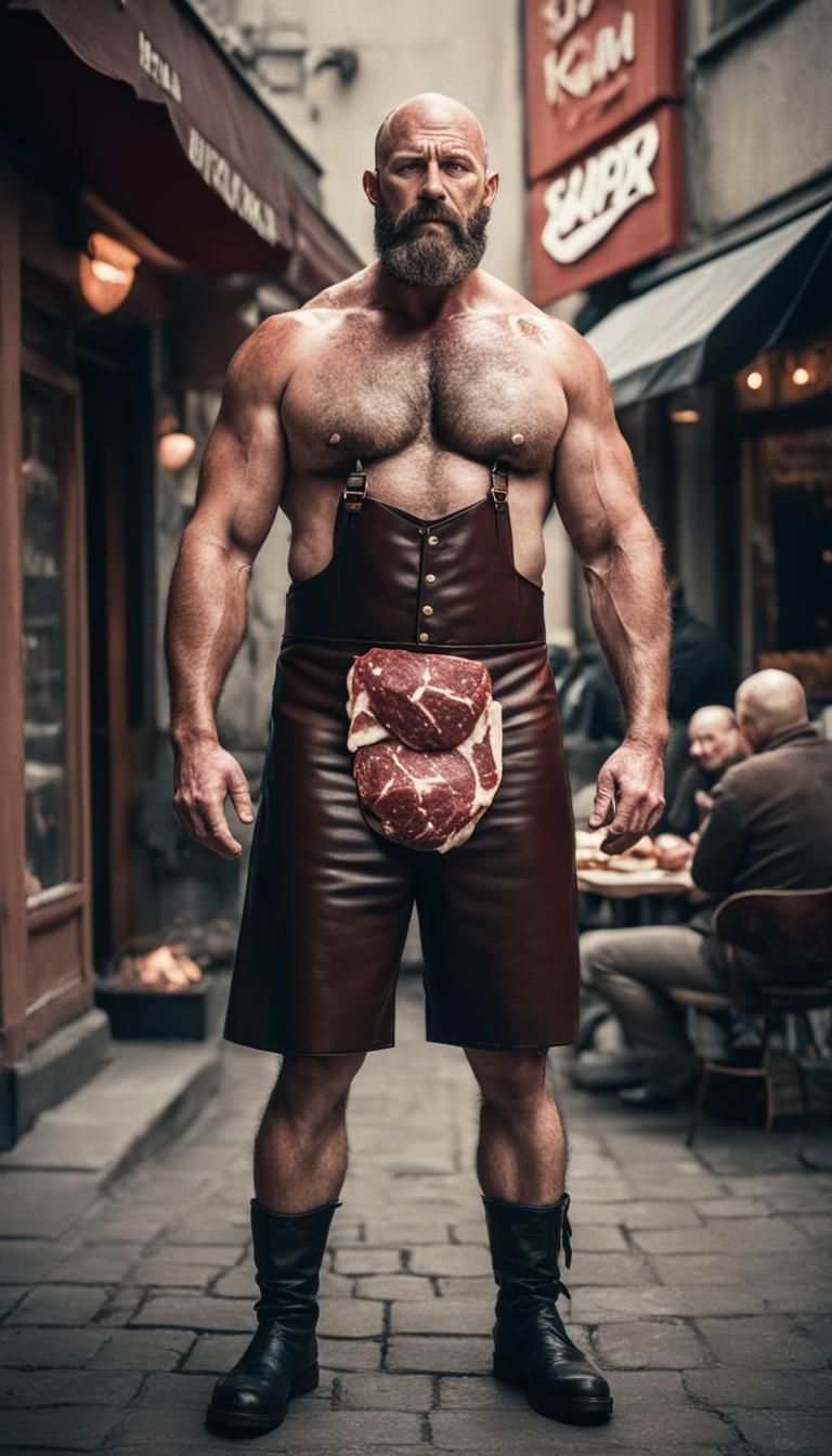Cinematic Film Still of a Butcher with Meats