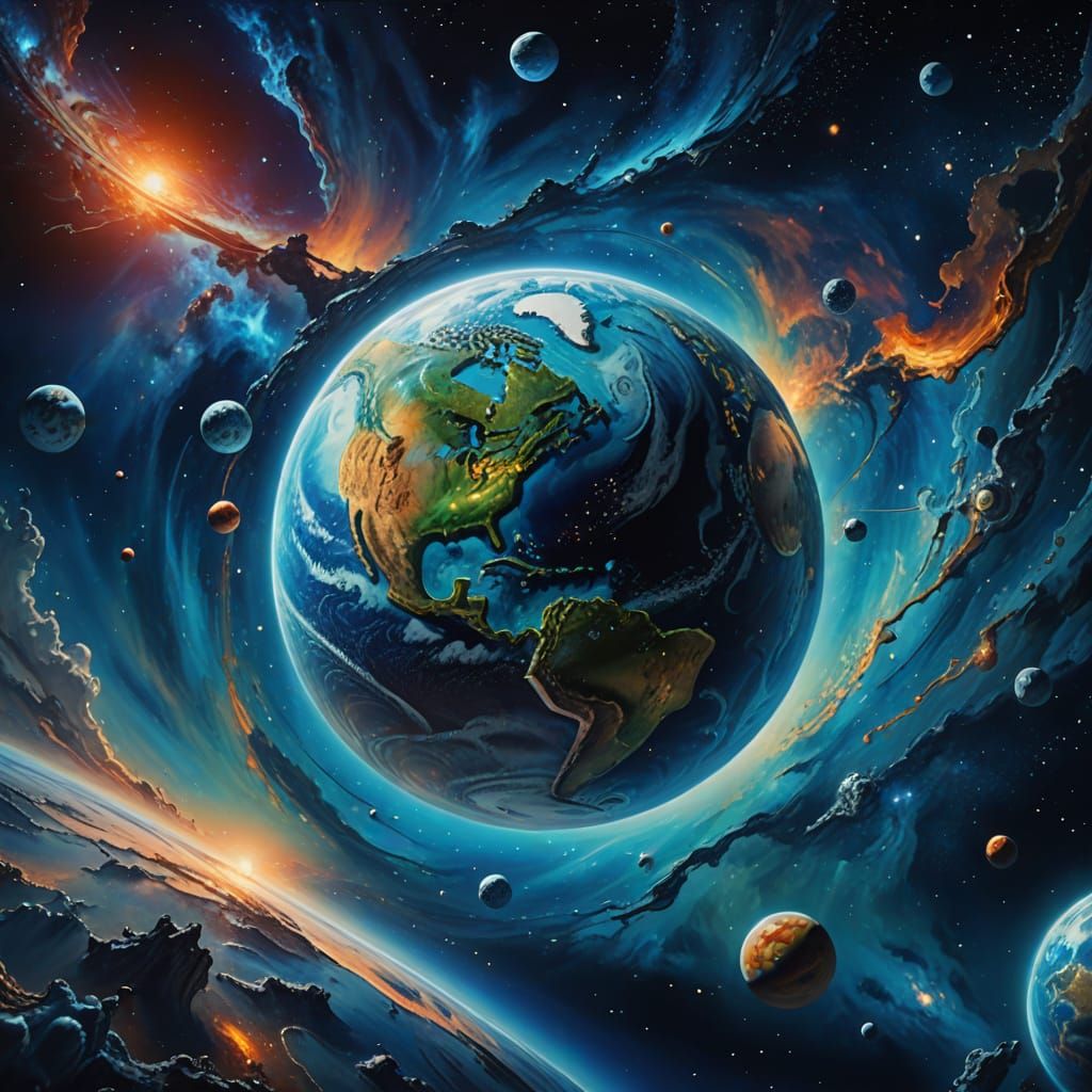 Surreal Earth in Space: Vivid Oil Painting
