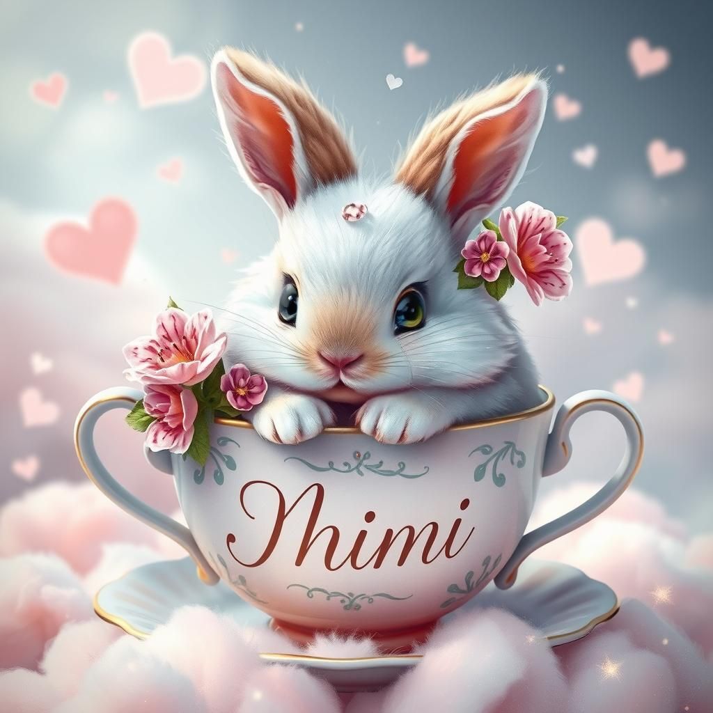 Fluffy Rabbit in Cup: 3D Watercolor Illustration