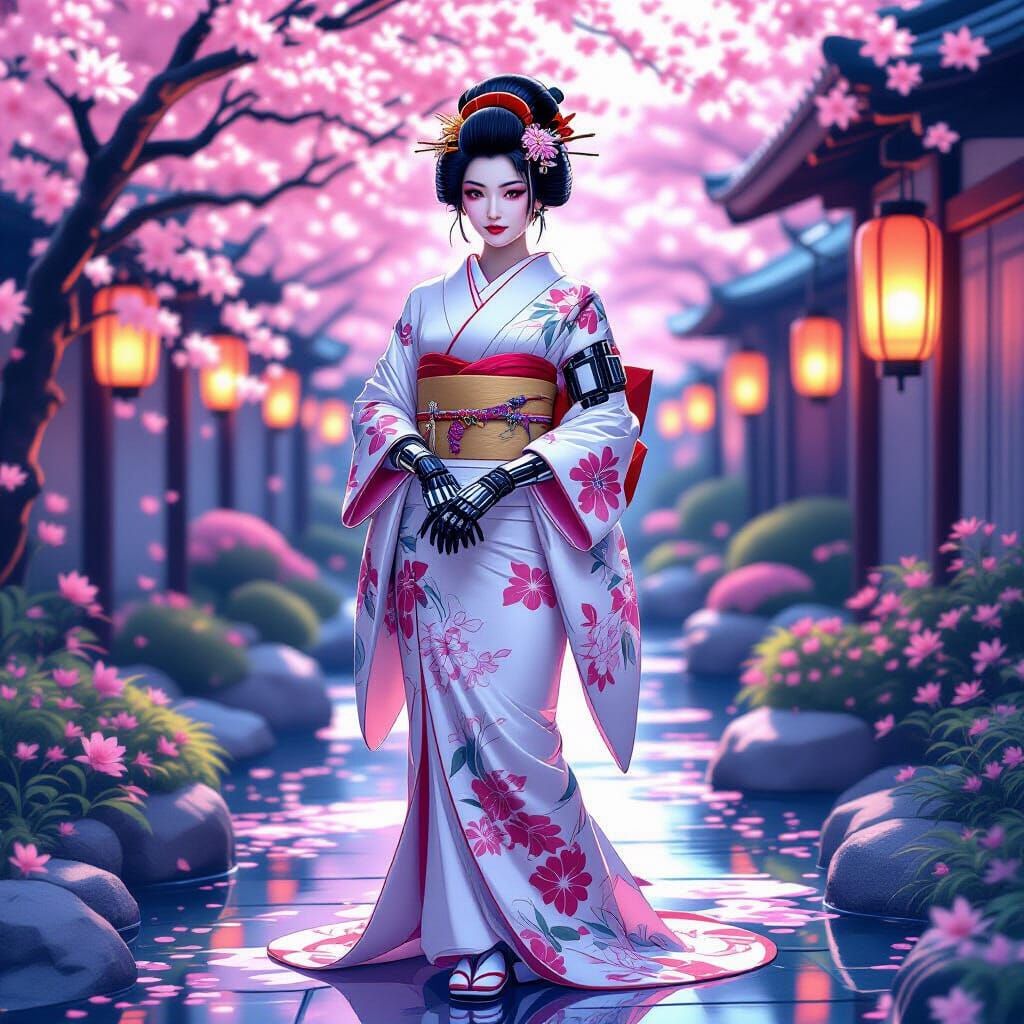 Ilya Kuvshinov style. A cyborg geisha with intricate cyberne...