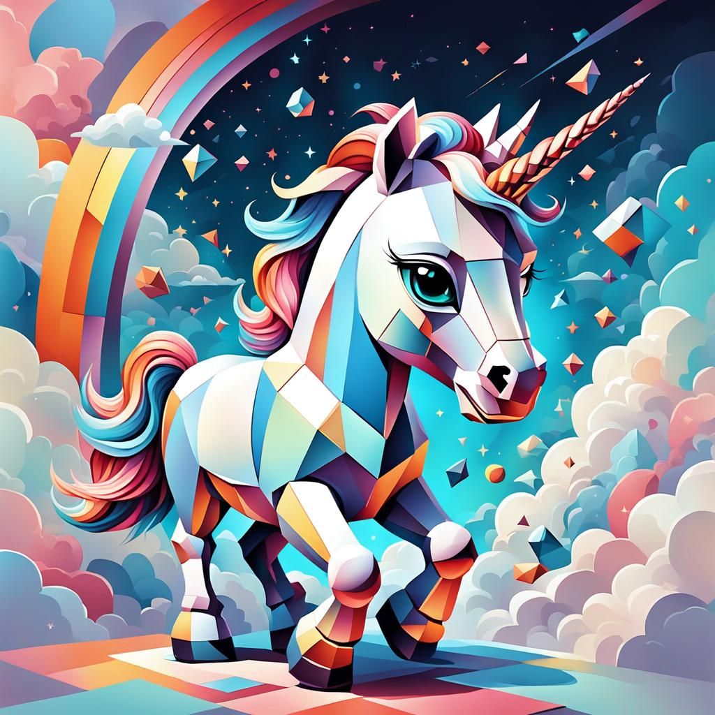 Magical Baby Unicorn in Cubist Fantasy Landscape