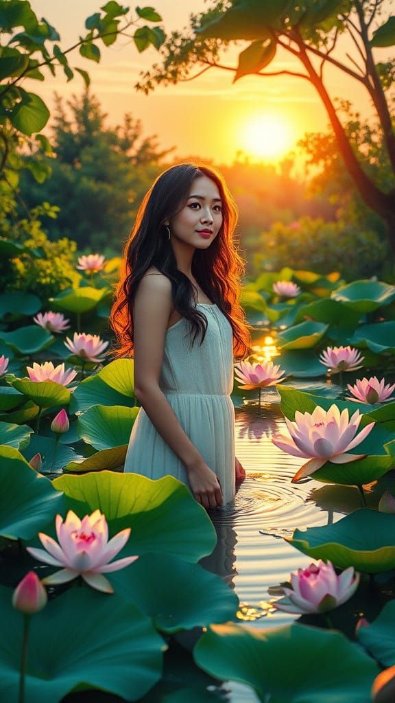 Serene Woman in Lush Lotus Pond Landscape at Sunrise