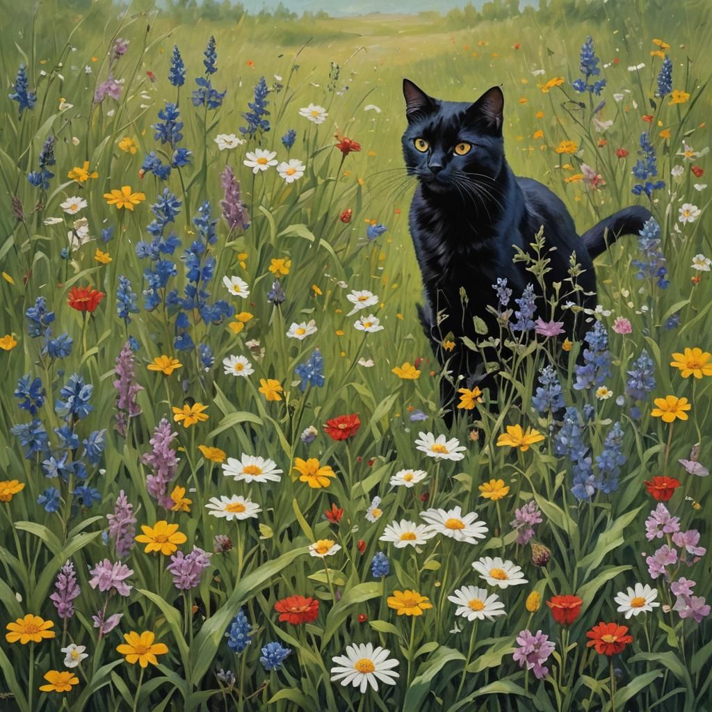 Black Cat in Spring Meadow: Oil Painting