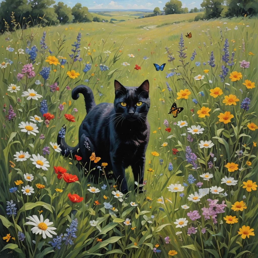 Black Cat in Wildflower Meadow, Oil Painting