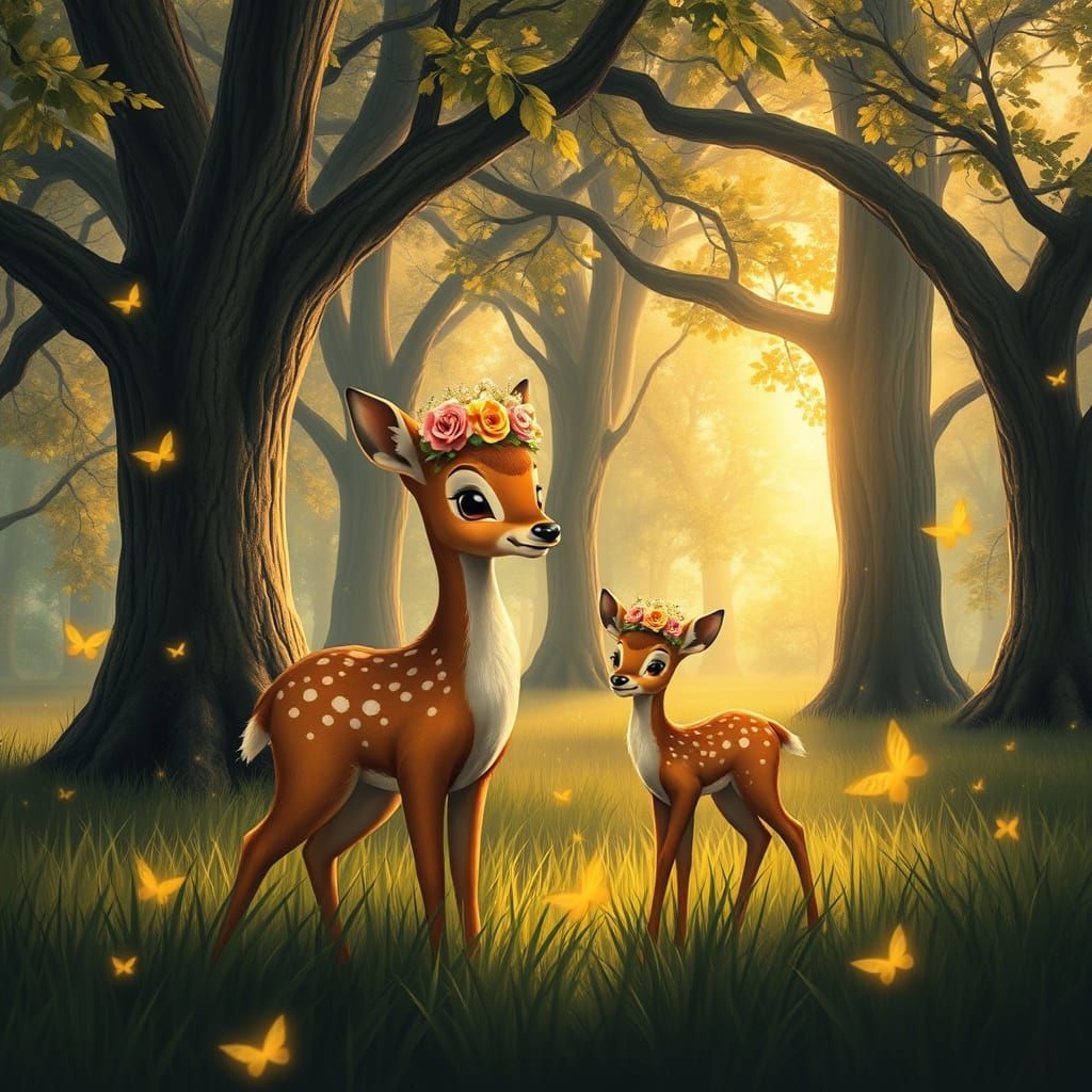 Deer and Fawn in Enchanted Forest