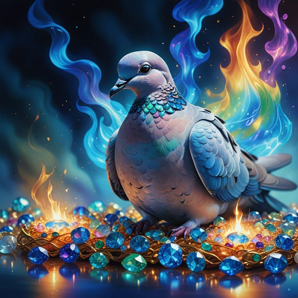 Dove in Blue Fire with Rainbow Jewels