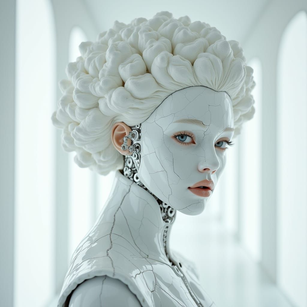 Masculine Android with Cracked Porcelain Skin and Ornate Wig