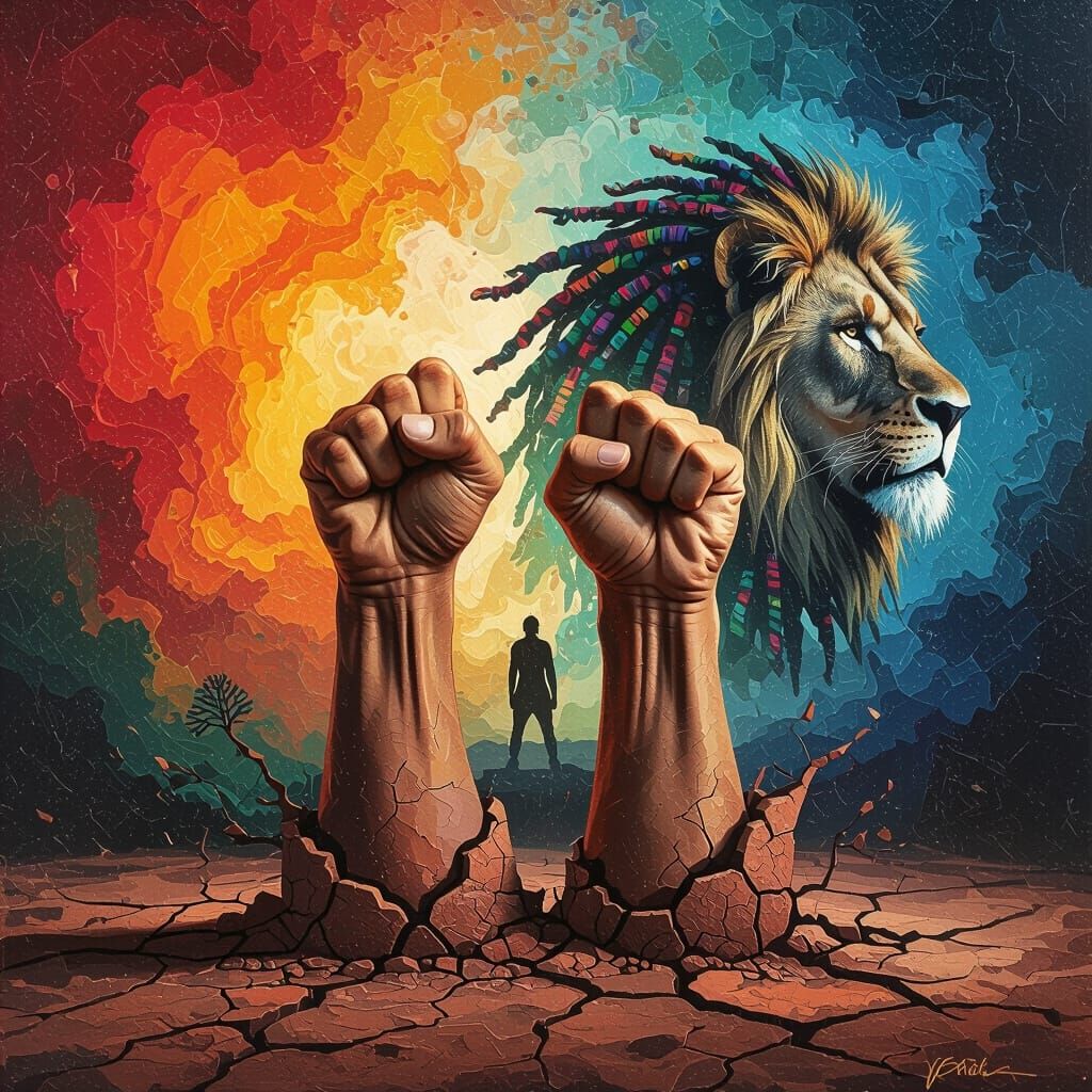 Abstract Expressionist Art: Clenched Fists, Lion Profile